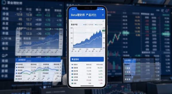 Beta理财师产品对比页面展示，手机屏幕内呈现多只基金净值曲线叠加图与指标数据表，配色以蓝白为主，背景为虚化的金融数据大屏，突出专业数据分析感