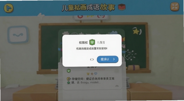儿童动画成语故事安装设置界面截图，展示权限授权弹窗和存储空间提示，背景为手机屏幕特写，适配Boogu模型生成
