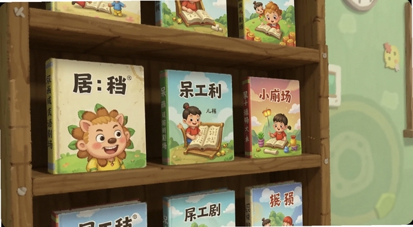 儿童动画成语故事动画剧场功能界面，画面展示多个成语动画封面排列在木质纹理的书架上，每本书封面标注成语名称和卡通插图，背景为柔和的淡绿色墙面，适配Boogu模型生成