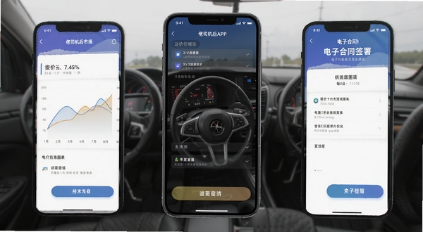 佬司机后市场APP运价行情图表与电子合同签署页面的手机界面图