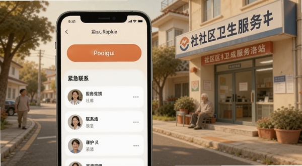 社区护理APP紧急联系页面，手机屏幕显示紧急呼叫按钮和联系人列表，背景为社区街道场景，有社区卫生服务站标识，色调温暖安心，适配Boogu模型生成