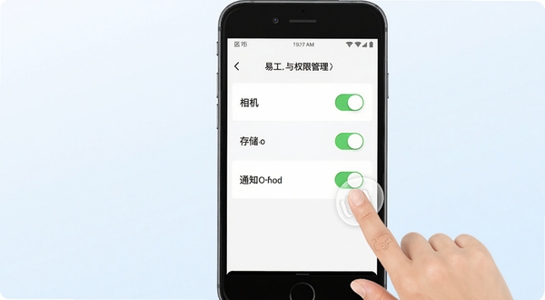 易工通安装设置与权限管理示意图,画面主体为手机屏幕显示权限设置页面,包含相机、存储、通知等开关选项,旁边有手指点击示意,背景为浅色渐变,风格简洁直观