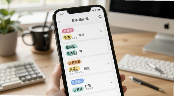 管理知点果 应用内待办事项列表界面,手机屏幕中显示彩色标签分类的任务卡片,背景为办公桌面,光线柔和,细节清晰