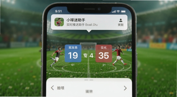 小球迷助手 实时推送功能界面,手机屏幕上方弹出进球通知横幅,背景为绿茵球场虚化效果,画面中央显示比分变化动画,风格动感清晰,适配Boogu模型生成