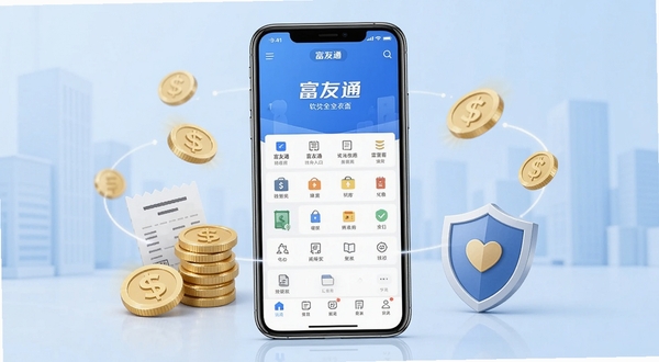 富友通软件主界面全貌预览图，画面中心为一部智能手机屏幕显示富友通应用首页，背景为简洁的浅蓝色渐变商务风格，屏幕周围环绕着金币、账单、盾牌等金融元素图标，整体色调专业沉稳，适配Boogu模型生成高清应用展示图