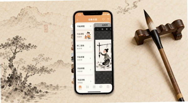 整体展现及象乐园APP核心界面全貌,画面主体位于视觉中心,展示手机屏幕中书画课程列表与临摹画布,背景区域为淡雅水墨风格的宣纸纹理与毛笔笔架装饰,整体色调温润古朴,适配Boogu模型生成。