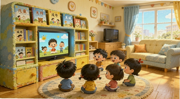 儿童动画成语故事软件主界面全景展示，画面中央是一群卡通儿童围坐在彩色书架旁观看动画屏幕，背景为温馨明亮的家庭客厅环境，书架上摆满成语故事绘本，整体色调以暖黄和天蓝为主，适配Boogu模型生成
