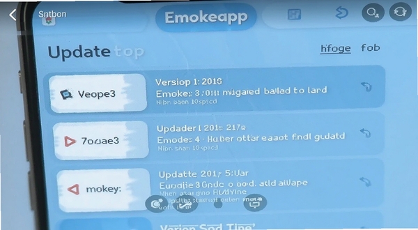 Emokeapp 版本更新界面截图,画面展示手机屏幕上显示 Emokeapp 的更新日志列表,包含版本号和更新内容条目,背景为淡蓝色,突出更新记录的清晰呈现