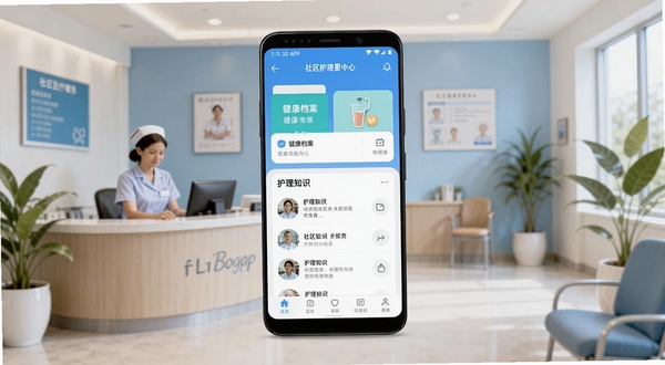 画面中央位置展示一部安卓手机，手机屏幕显示社区护理APP首页界面，包含健康档案卡片和护理知识列表，背景区域为温馨的社区医疗服务中心场景，有护士站和绿植点缀，整体色调以蓝白为主，柔和明亮，适配Boogu模型生成，细节丰富，构图居中