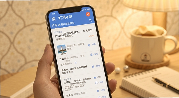 灯塔e站离线阅读模式,手机屏幕显示已下载的文章列表,顶部有离线标识,背景为温暖的米黄色,营造舒适的阅读氛围