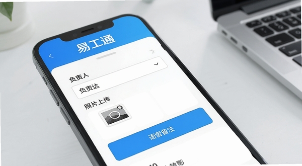 易工通任务派发功能界面特写图,画面主体为手机屏幕中任务创建页面,可见负责人选择、照片上传、语音备注按钮,背景为浅灰色办公桌面,画面风格清晰明亮,突出易工通软件名称