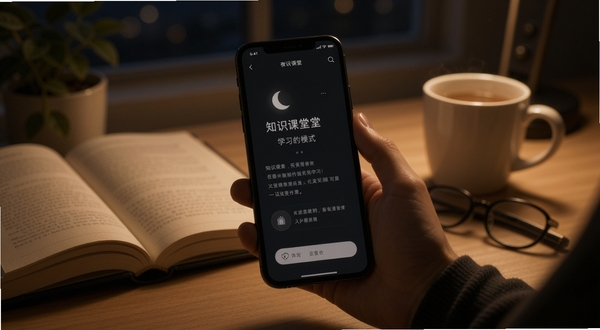 知识课堂夜间模式下的学习界面展示,手机屏幕呈现深色背景与柔和文字,画面安静舒适,适合夜间学习场景,高清细节