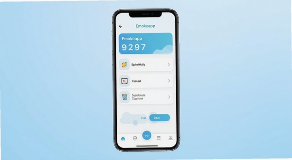 Emokeapp 软件主界面展示图,画面中央为手机屏幕,屏幕内呈现 Emokeapp 的简洁功能列表与底部导航栏,背景为浅蓝色渐变,整体风格清爽现代,突出移动端应用的操作界面细节
