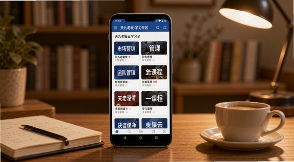 天九老板云经营学习专区界面展示，画面中央为安卓手机屏幕，显示天九老板云学习专区课程列表，包含市场营销、团队管理等课程封面，手机旁边放着一本笔记本和一杯咖啡，背景为温馨的书房环境，暖色调光线，突出学习氛围，高清细节