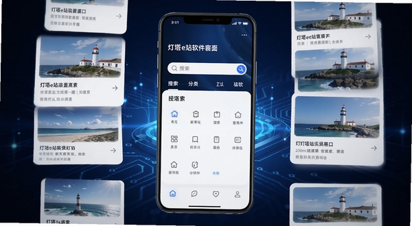 灯塔e站软件界面展示,手机屏幕中央显示搜索框和分类图标,背景为深蓝色科技感光效,周围环绕着搜索结果的卡片式预览,整体风格简洁现代