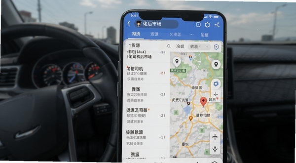 佬司机后市场APP界面展示货源列表与地图定位功能的手机预览图