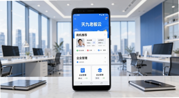 天九老板云商务办公场景，画面中央展示一部安卓手机，手机屏幕上呈现天九老板云应用主界面，界面包含商机推荐和企业管理功能模块，背景为现代化写字楼办公区域，整体色调以蓝白商务风为主，光线明亮柔和，高清细节，适合软件下载站展示