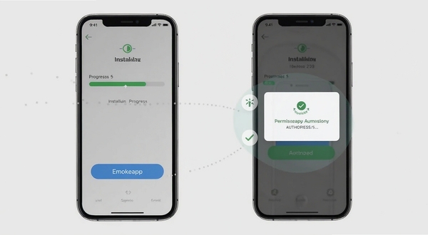 Emokeapp 安装步骤示意图,画面展示手机屏幕上显示安装进度条和权限授权弹窗,背景为浅灰色,突出安装过程中的关键操作节点