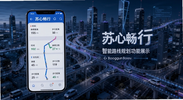 苏心畅行 智能路线规划功能展示，画面主体为手机屏幕显示多条路线对比方案，包含时间、换乘次数、步行距离等参数，背景区域为现代化城市交通网络示意图，风格科技感十足，适配Boogu模型生成