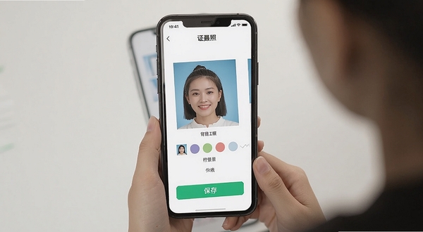 证件照拍摄院用户问答场景配图，展示手机屏幕中证件照背景色切换操作界面与保存按钮，画面简洁明了，适合下载站文章配图
