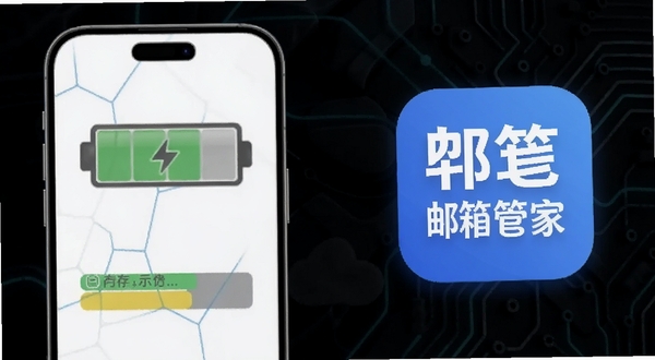 邛笺邮箱管家低功耗运行示意图,画面左侧为手机电池与内存占用条形图,右侧为邛笺邮箱管家图标,背景为深色科技纹理,整体传达轻盈省电的视觉感受