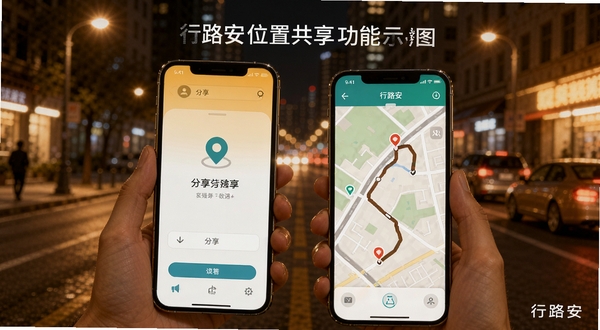 行路安位置共享功能示意图，画面中一部手机显示分享链接界面，另一部手机显示接收到的地图轨迹，背景为夜晚城市街道，色调温暖，体现安全守护感，软件名称行路安出现在界面角落