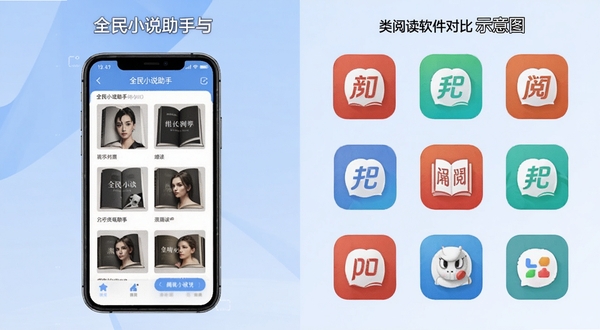 全民小说助手与同类阅读软件对比示意图,画面左侧为全民小说助手界面,右侧排列多款阅读APP图标,背景为淡蓝色渐变,风格商务简约