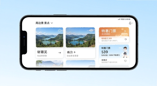要出发周边游应用界面展示，手机屏幕中呈现周边景点列表和特惠门票信息，背景为淡蓝色渐变，整体风格清新简洁