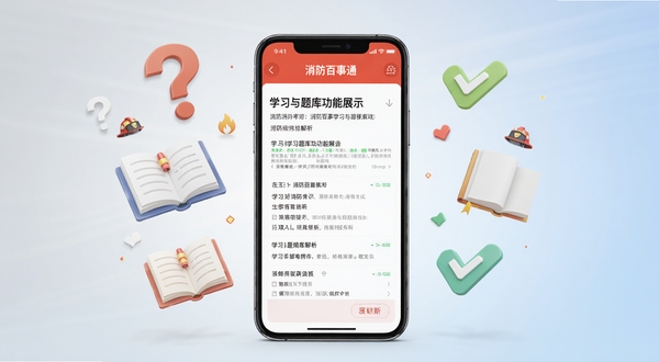 消防百事通学习与题库功能展示，画面中央为手机屏幕显示消防考试题目与解析界面，屏幕周围漂浮着问号、书本、对勾等抽象符号，背景为淡灰色到浅蓝色的柔和渐变，整体传达学习与巩固知识的氛围