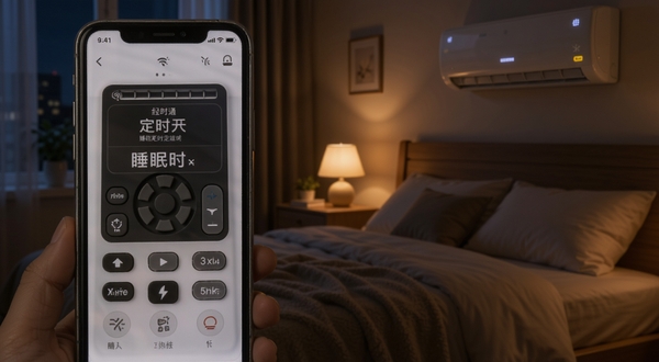 空调遥控器万能全通定时设置界面，手机屏幕显示定时开关面板，背景为夜晚卧室场景，空调指示灯微亮，突出睡眠定时功能的温馨感