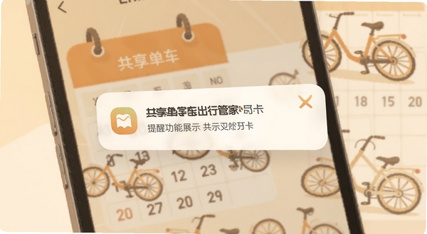 共享单车出行管家月卡提醒功能展示，手机屏幕弹出通知提醒卡片，背景是日历与单车图标组合的插画风格，色调温暖柔和，突出提醒的及时感