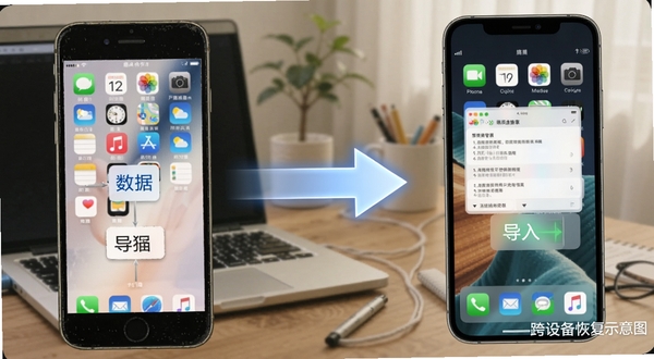 聊天记录秒备份管家跨设备恢复示意图，画面左侧为旧手机导出数据，右侧为新手机导入数据，中间以发光箭头连接，背景为居家桌面环境，软件名称以水印形式出现在右下角