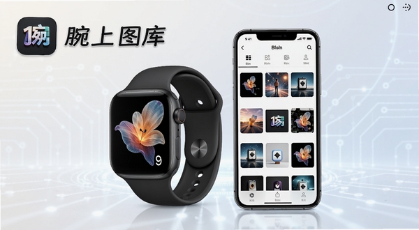 整体展示腕上图库软件主界面，画面中央为智能手表与手机并排显示，手表屏幕呈现精美壁纸，手机端展示图库管理列表，背景为浅色渐变科技风格，突出腕上图库名称与图标，构图干净明亮