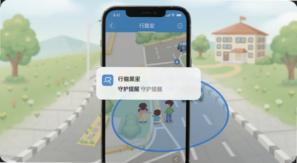 行路安安全区域提醒功能展示，画面为手机屏幕弹出守护提醒通知，地图上以蓝色圆圈标注安全范围，背景为家庭与学校之间的道路，色调柔和，突出行路安软件界面
