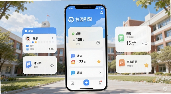 一款名为校园引擎的手机应用主界面，画面中央展示应用首页的功能模块布局，包含课表、成绩、通知等卡片式入口，背景为明亮的校园教学楼与蓝天，整体风格清新简洁，适配Boogu模型生成