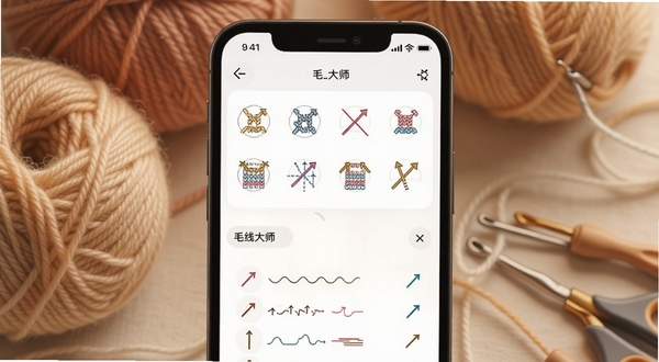 毛线大师APP主界面展示，画面中央是手机屏幕特写，屏幕内呈现编织图解符号库与针法列表，背景为暖色调毛线球和钩针道具，柔光照明，整体风格温馨手作感，适配Boogu模型生成