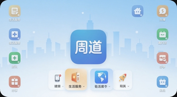 一款名为周道的手机应用主界面,画面中央展示应用图标与简洁的卡片式功能入口,背景为浅蓝色渐变城市剪影,周围环绕生活服务、资讯、办事等小图标,整体风格清新现代,适配Boogu模型生成