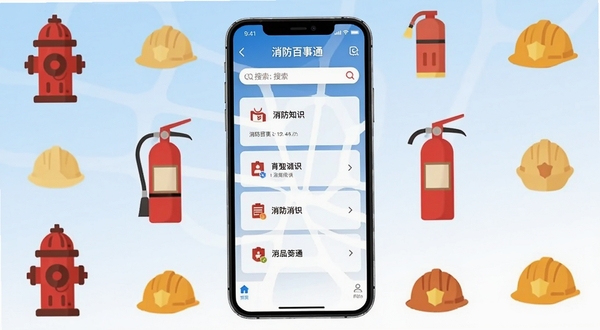 消防百事通应用主界面整体展示，画面中央为手机屏幕正视图，屏幕内呈现消防知识分类导航与搜索框，背景区域为浅蓝色渐变到白色的柔和过渡，周围点缀消防栓、灭火器、安全帽等扁平化图标元素，整体风格简洁专业，适合移动应用展示场景