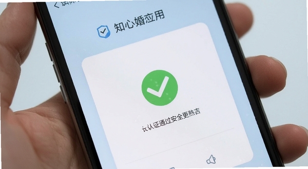 知心婚恋应用内实名认证页面特写,手机屏幕显示认证通过绿色对勾,背景为淡蓝色渐变,画面简洁清爽,突出安全可信的视觉氛围