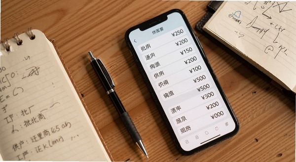 批发工厂采购进货供应商报价对比界面，手机屏幕中显示多行供应商名称与价格数字，画面以俯视角度拍摄，手机旁放着一支笔和一本翻开的进货笔记本，背景为木质桌面，色调温暖，突出采购场景的真实感