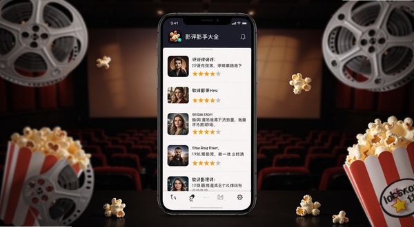 影评大全看看 软件主界面全貌展示 中心位置为手机屏幕 屏幕内显示影评列表与评分星级 背景为深色影院氛围 周围散落电影胶片与爆米花元素 整体风格现代简洁 突出应用图标与名称