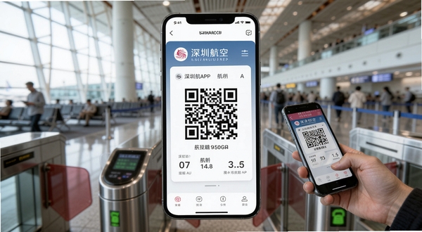 深圳航空APP电子登机牌界面，手机屏幕显示二维码与航班信息，背景为机场候机大厅虚化场景，有旅客手持手机通过闸机，光线明亮，突出便捷与高效，深圳航空标识清晰可见，适配Boogu模型生成