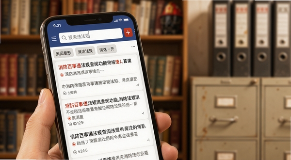 消防百事通法规查阅功能界面特写，画面主体为手机屏幕中显示消防法规条文列表，屏幕上方有搜索输入框与筛选标签，背景为模糊的书架与文件柜场景，色调偏暖，突出知识查阅的严谨感与便捷性