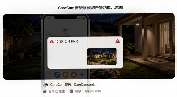 CareCam智能移动侦测告警功能示意图,画面展示手机收到告警通知弹窗,通知内容包含时间戳和画面缩略图,背景为夜间安静的庭院场景,突出安全防护氛围