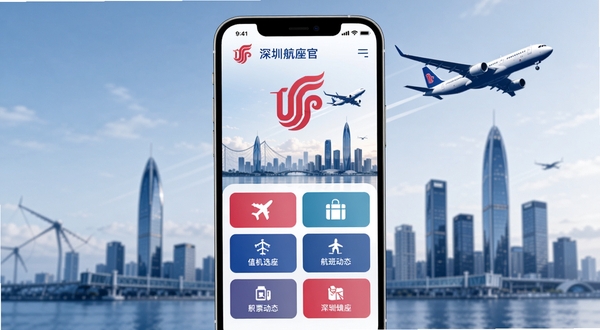 深圳航空官方APP主界面展示，手机屏幕居中，屏幕内呈现深航标志性的红蓝白配色UI，包含机票预订、值机选座、航班动态等图标按钮，背景区域为深圳城市天际线与翱翔的客机剪影，整体风格现代简约，商务出行氛围，高清质感，适配Boogu模型生成