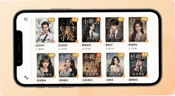 全民小说助手书架管理界面,手机屏幕显示分类整齐的小说封面和更新提醒标识,背景为柔和暖色调,整体风格简洁清爽