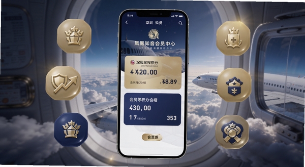 深圳航空凤凰知音会员中心界面，手机屏幕展示里程积分与会员等级卡片，周围有金色与深蓝色的会员权益图标，背景为高空云层与客机舷窗视角，尊贵感与飞行氛围，适配Boogu模型生成