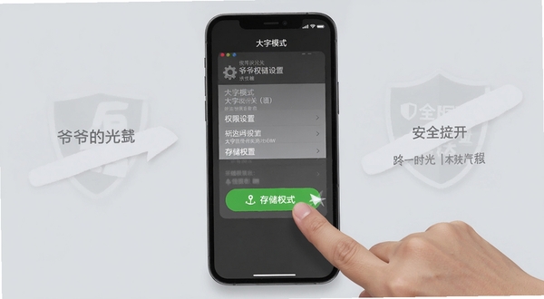 爷爷的时光使用教程示意图,手机屏幕展示权限设置与大字模式开关,一只手正在点击存储权限允许按钮,背景简洁,突出操作步骤与安全提示