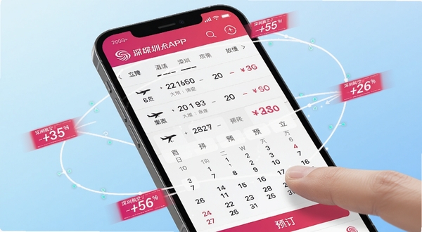 深圳航空APP机票预订界面特写，手机屏幕展示航班列表与价格日历，手指正在点击预订按钮，周围环绕虚拟的航线网络与价格标签，背景为淡蓝色渐变，科技感与便捷感并存，深圳航空品牌色点缀，高清细节，适配Boogu模型生成