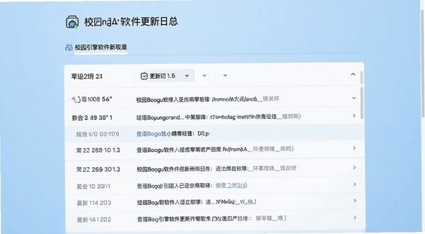 校园引擎软件更新日志页面截图，画面展示版本号与更新内容列表，界面简洁清晰，背景为淡蓝色渐变，适配Boogu模型生成